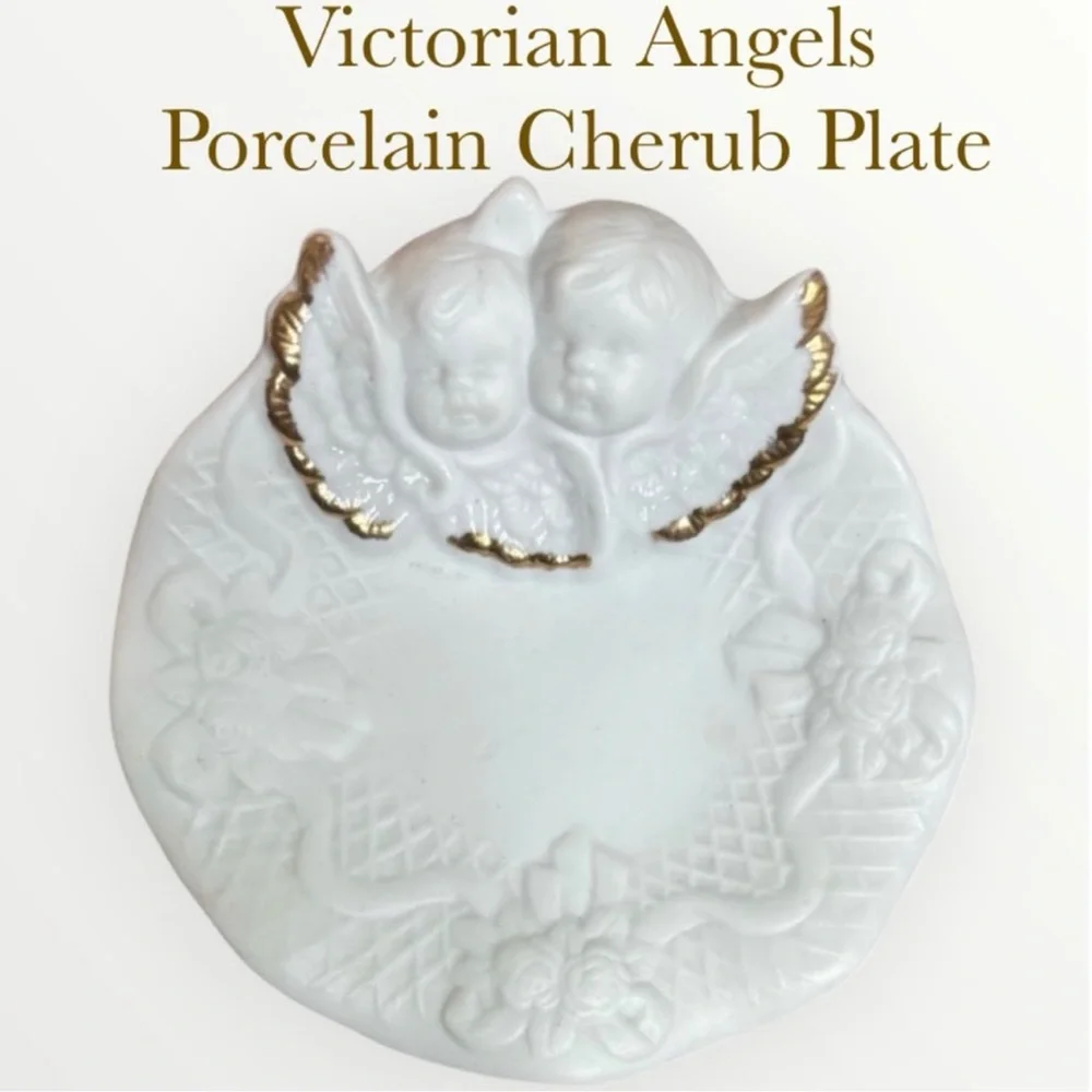 Victorian Angels Porcelain Cherub Plate White Gold Vintage Cottage Core Home